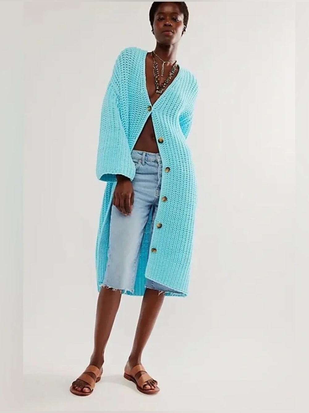 NEW FREE PEOPLE Offside Longline Crystal Seas Blue Cardigan Size S